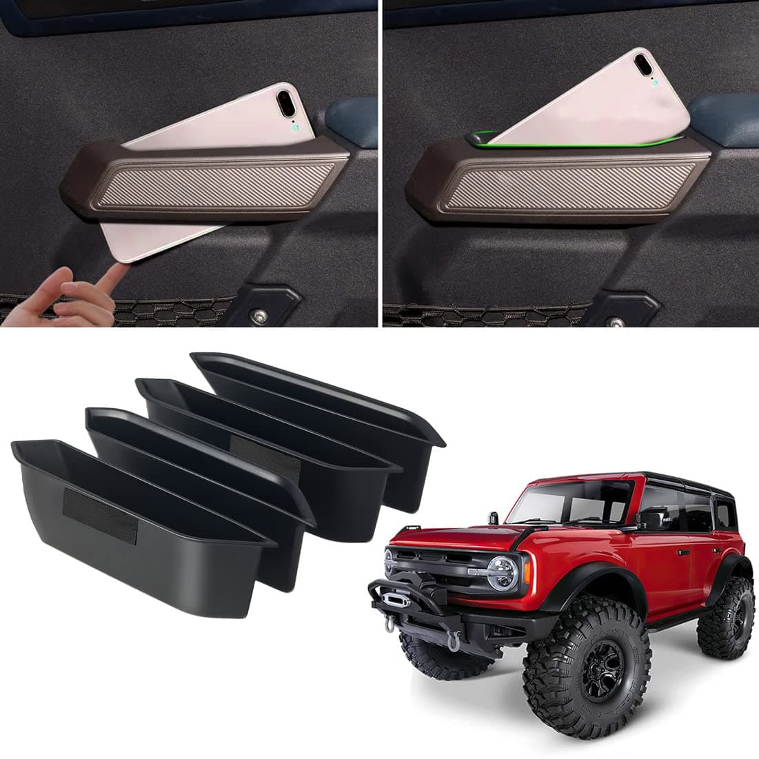 WDG Door Handle Storage Box Container for Ford Bronco 2021 2022 2023 2024 2025 Car Interior Accessories, ABS Front and Rear Door Side Armrest Phone Pocket Organizer Insert Glove Pallet 4PCS