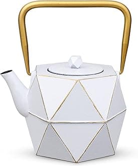 toptier Tea Kettle, Japanese Cast Iron Teapot with Stainless Steel Infuser, Cast Iron Tea Kettle Stovetop Safe, Diamond Design Teapot Coated with Enameled Interior for 30 oz (900 ml), White