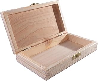 WooDeeDoo Small Shallow Wooden Box - 17.5 x 10 x 3.5 cm – Unfinished Pine Storage Case With Lid and Clasp for Jewellery Keepsakes Memory Gifts DIY Craft Personalisation Decorative Display