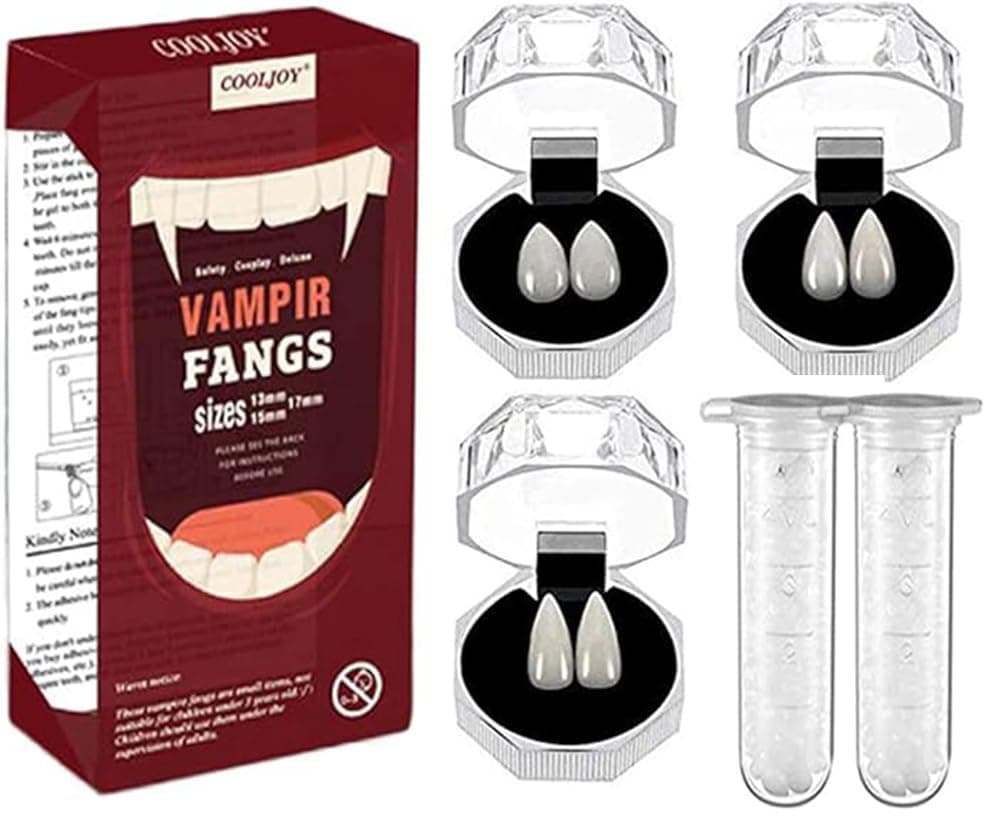 COOLJOY 3 Sizes Vampire Fangs Teeth with Adhesive Halloween Cosplay Props White Horror False Teeth Props Party Favors Masquerade Accessories Gift