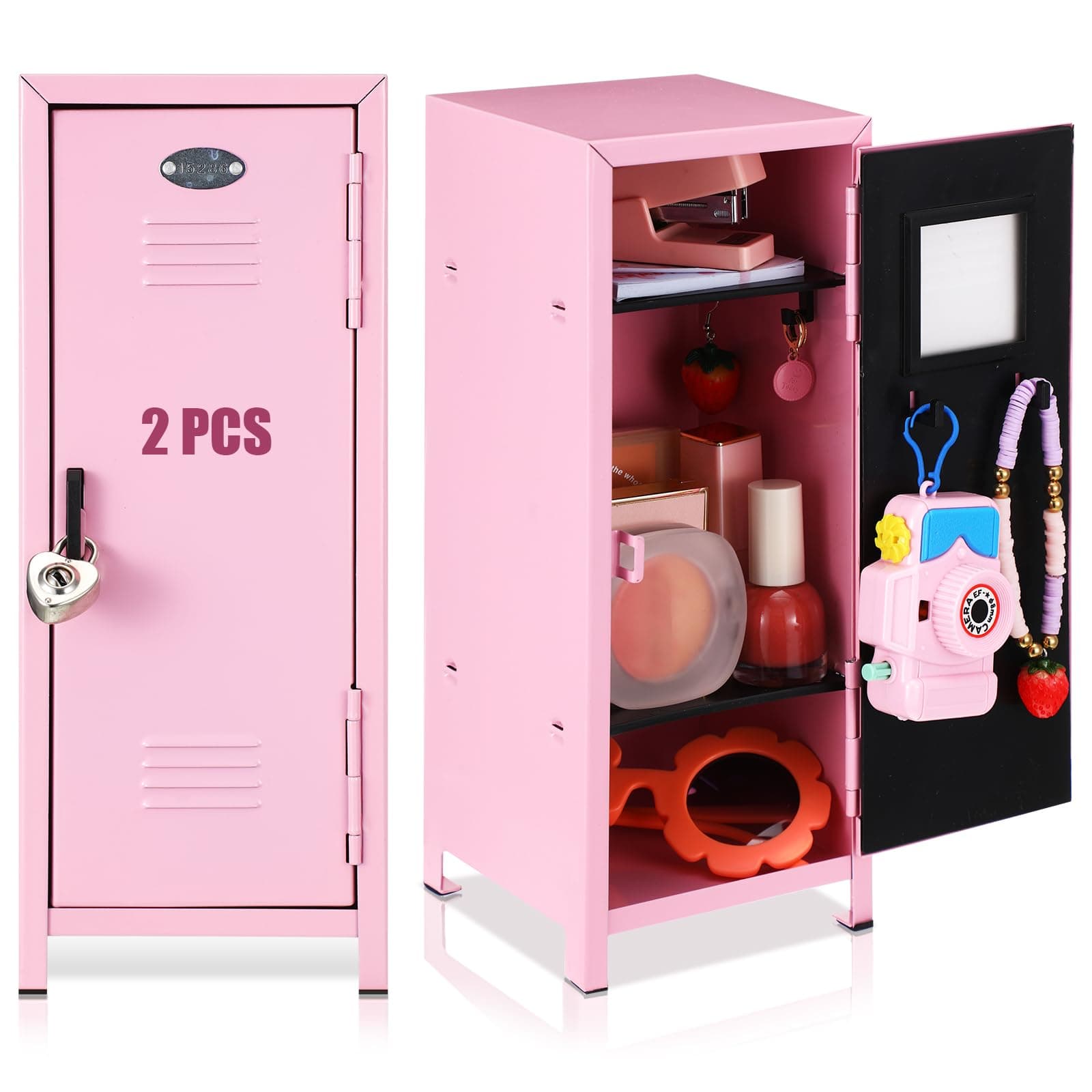 2 Pcs Christmas Mini Locker with Lock and 2 Keys 10.8 Inch Miniature Small Storage Locker Real Littles Cute for Xmas Santa Desktop School Home Office Container(Pink)