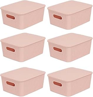Storage Baskets with Lids - Set of 6 Stackable Plastic Boxes with Handles - Decorative Shelf Organizer Bins for Bathroom and Closet, Pink, 1 Gallon