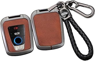 SANRILY Metal Leather 4 Button Smart Key Fob Cover Compatible with BMW i8 2014-2022 i3 Accessories Keyless Anti-Scratch Key Fob Protector with Weave Keychain Black-Brown
