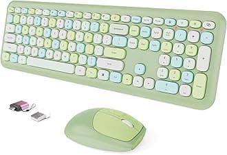 Wireless Keyboard and Mouse Combo, Colorful Ergonomic Full Size Retro Low-Noise Keyboard with Cute keycaps, Compatible with Windows, PC, Perfer for Home and Office Keyboards (Green)