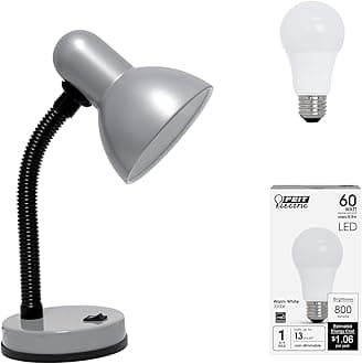 Simple Designs LD1003-SLV-LB 14.25" Basic Metal Desk Lamp with Flexible Hose Neck for Office, Living Room, Bedroom, College Dorm, Bookshelf, Silver, with Feit LED Bulb Included