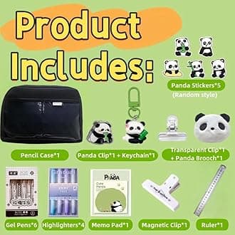Kawaii Aesthetic Pencil Case 23PCS Set - Large Capacity Cute Pen Pouch Bag, Contains 10 Kinds of Accessories: 6 Pens, 4 Highlighters, Clips, Ruler and Cute Panda Brooches, Stickers, Pendants (Black)