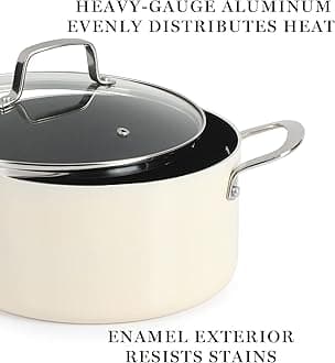 Martha Stewart Lockton Premium Nonstick 10 Piece Enamel Heavy Gauge Aluminum Pots and Pans Cookware Set - Linen