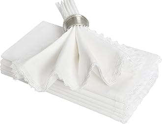 Cotton Cloth Dinner Napkin 20x20" White With Lace,Wedding Napkins, Cocktails Napkins, Fabric Napkins, Cotton Napkins Mitered Corners, Machine Washable Dinner Napkins, Set Of 6
