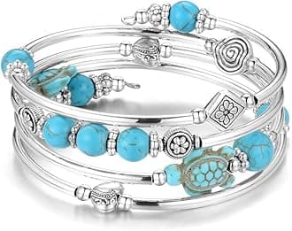 Layered Wrap Bangle Turquoise Bracelet - Bead Bracelet with Natural Agate Stone, Gifts For Women