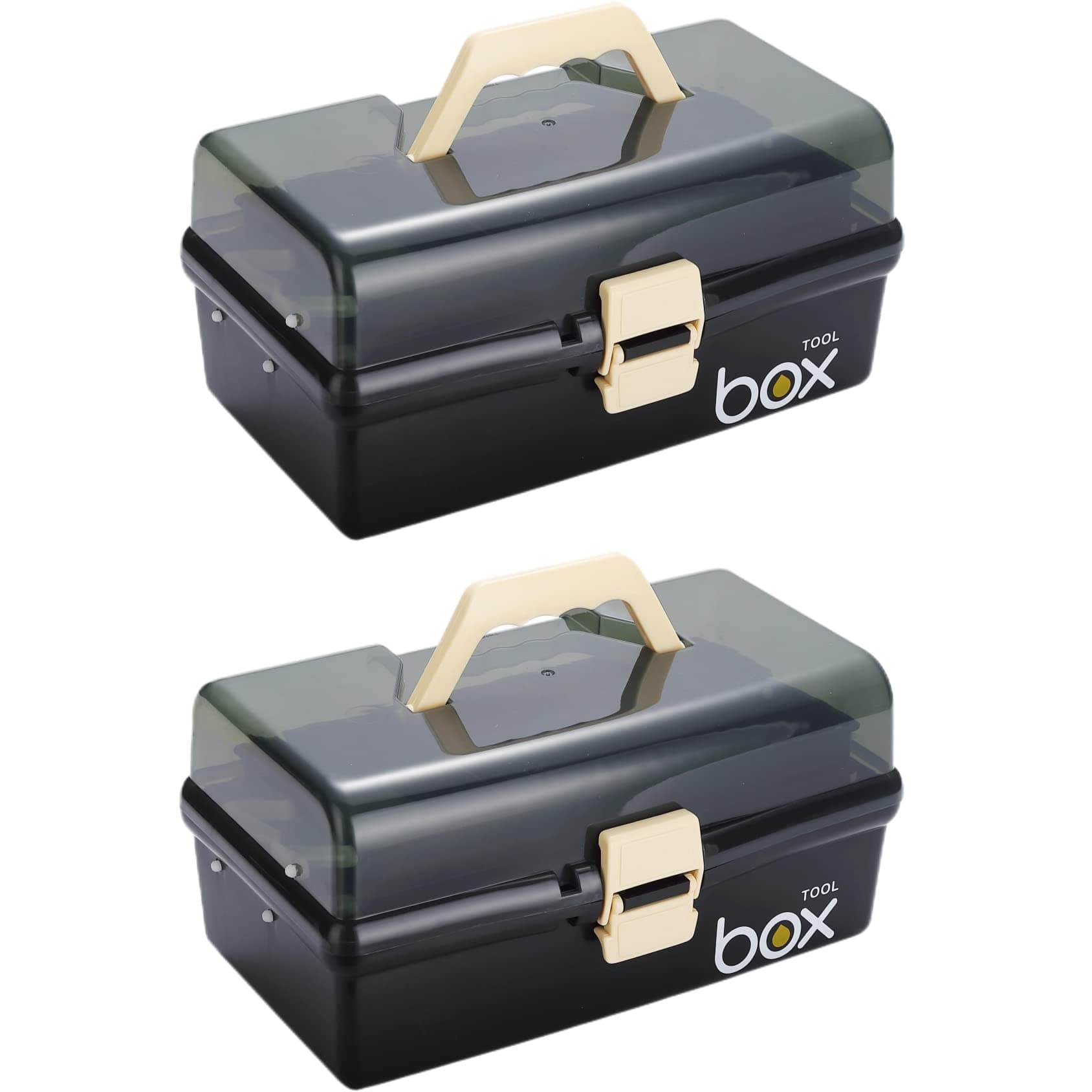 2PCS 12'' Three-Layer Clear Plastic Storage Box/Tool Box, Multipurpose Organizer and Portable Handled Storage Case for Art Craft and Cosmetic (Black)