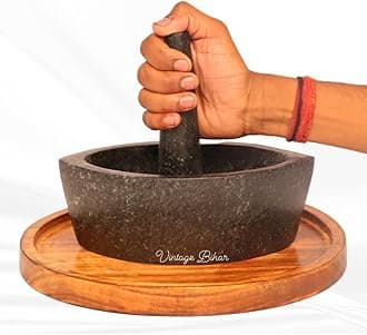 Tamda Stone Mortar and Pestle Set – Boat Shape Khalbatta for Kitchen, Traditional Grinder for Spices, Chutneys, and Herbal Pastes (Length = 10 Inch)