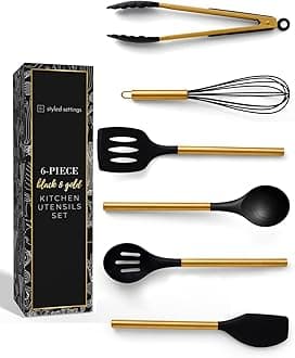 Black and Gold Kitchen Utensils Set - 6-PC Silicone Utensils Set Include Tongs, Whisk, Serving Spoon, Spatula, and Turner for Stylish Cooking and Baking - Black and Gold Kitchen Accessories and Decor