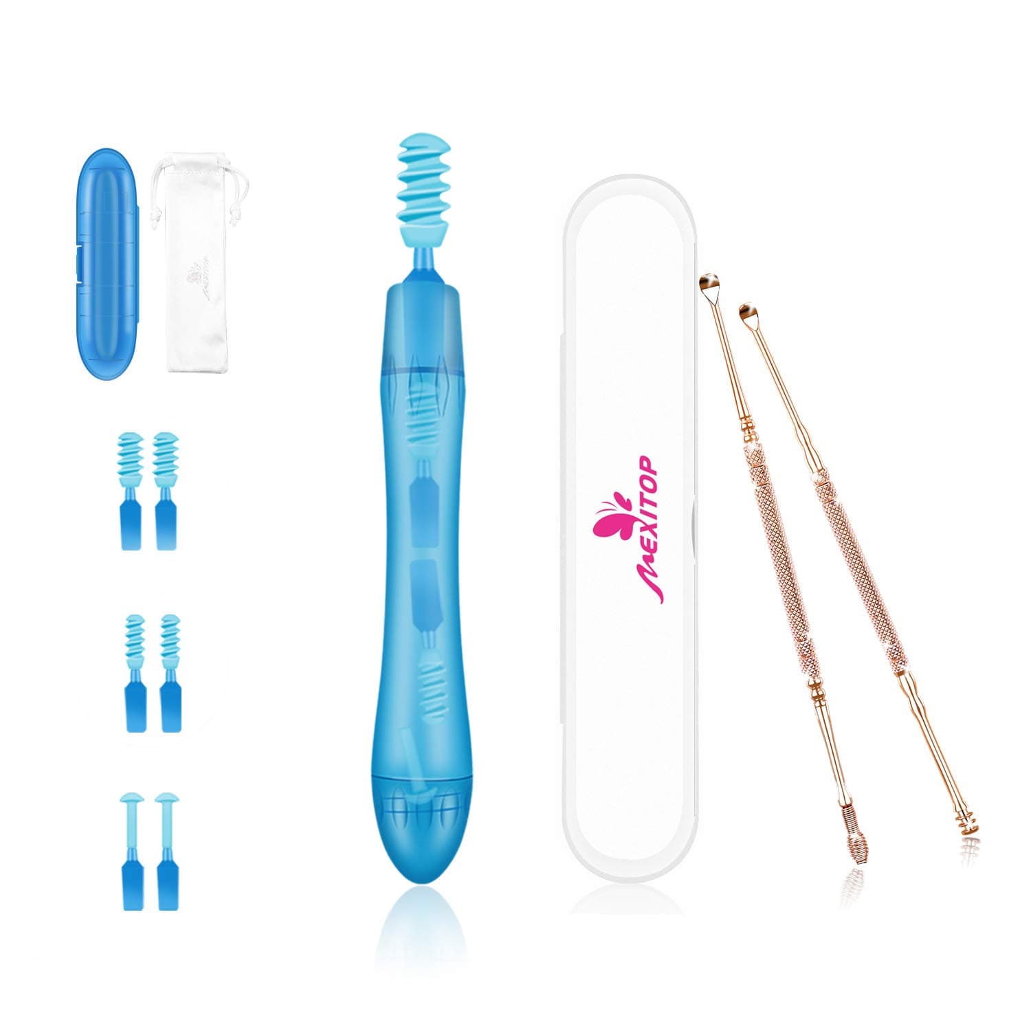 Ear Cleaner - Mexitop Spiral Ear Wax Removal Tool, 3 Types Upgraded Designed Tips, New Ear Pick System Improves Effect of Ear Removal Drop + Bonus Assistant Kit (More Than $12 Value), Lake Blue