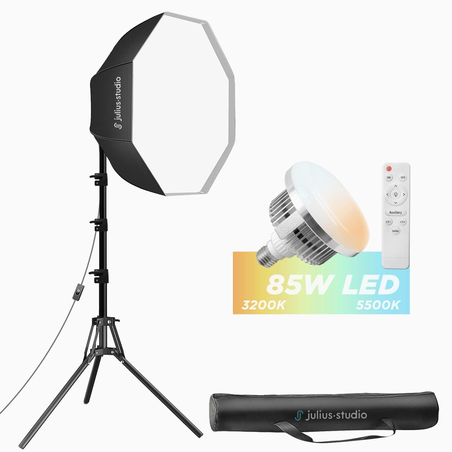 Julius Studio [1 Set] 27-inch LED Softbox Octagonal Lighting Kit, 85W LED Bulb with Remote Controller, Extreme High Brightness 6300Lm, Color Control, CRI>95, Stand & Carry Bag, JSAG484
