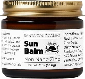 Santa Cruz Paleo, Beef Tallow Sun Balm with Non-Nano Zinc Oxide, Sunscreen Free, Unscented, Natural Mineral Sun Protection for Face & Body, Acne Safe, Moisturizer, Non Comedogenic, Organic Balm, 2 Oz