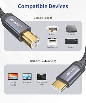 JSAUX 10ft USB C to USB B Printer Cable - Nylon Braided, Compatible with MacBook Pro, HP, Epson, Canon, Brother, Lexmark, Xerox Printers and Scanners - Grey