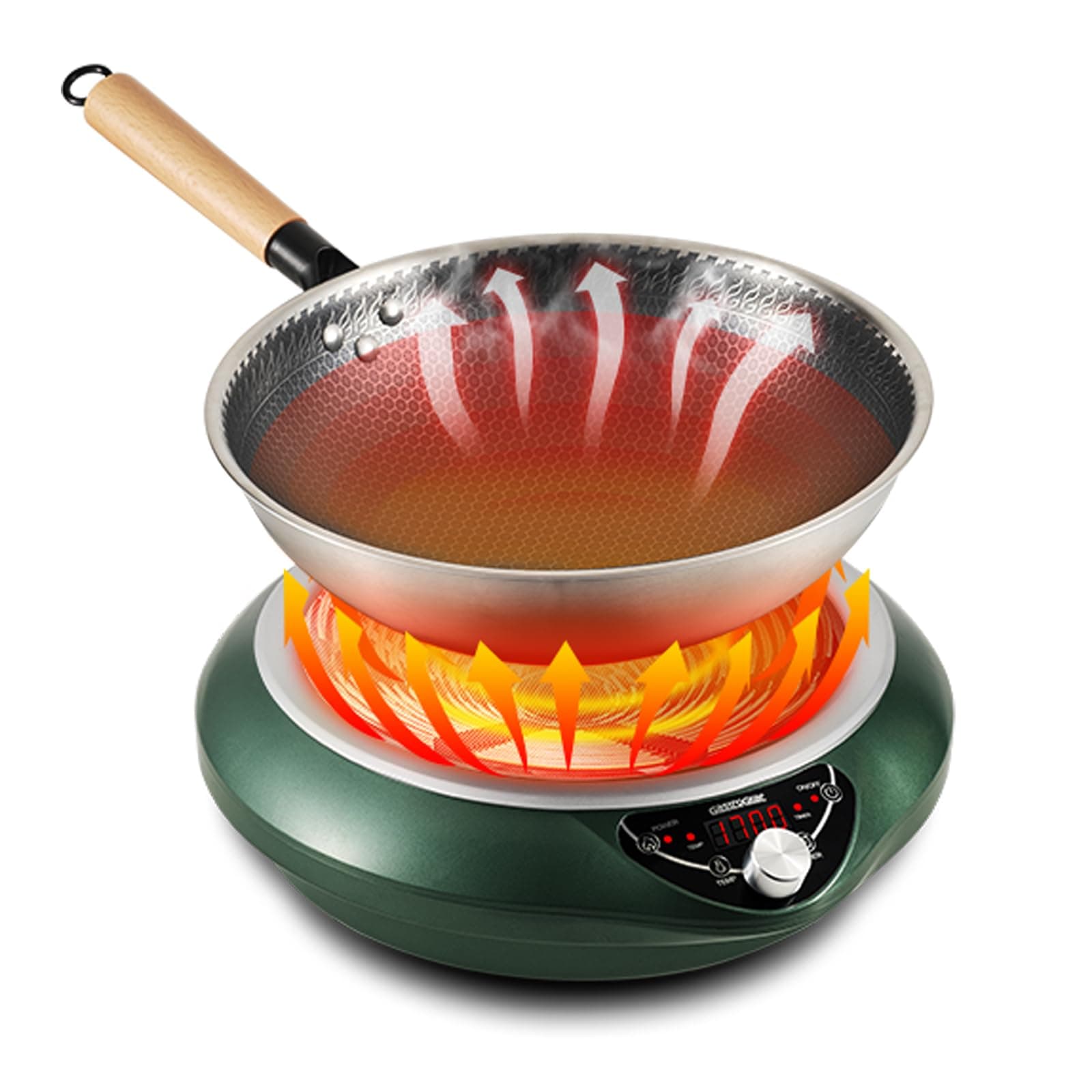 1700W Induction Cooktop Wok Burner With 13.4" Stainless Steel Wok Pan 2026 New Concave Surface Electric Stove 100V~185V Precise 16 Temp & Watts Control 176℉~446℉(200~1700W) with 18h Timer