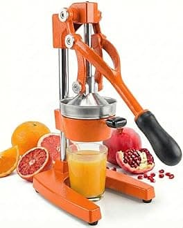 Cast Iron Citrus Juicer | Commercial Grade Manual Hand Press | Countertop Squeezer for Fresh Fruit Juice (Bonus Stainless Steel Cup) (Orange)