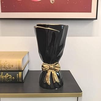 Black and Gold Bow Ceramic Vase - Flower Vases for Home Decor, Bow Decor, Boho Style, 9.65 Inch Flower Vases for Bouquet, Large Vase for Ideal Shelf Decor/Table (Black and Gold, Large)