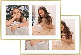 Golden State Art, 8x10 Aluminum Collage Frame, Displays 10x8 Pictures With 2 Openings Mat or One 12x19 Photo, Real Glass, Portrait/Landscape Wall Display, Gold, 2 Pack