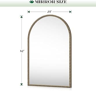 Arched Beaded Mirror for Bathroom, 24"x32" Antique Gold Arch Vanity Wall Mirror, Retro Brass Metal Frame Champagne Bronze Mirrors for Bedroom Dressing Room Entryway Fireplace