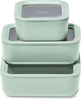 3pc Glass Food Storage Set – 10 Cup, 6.6 Cup, & 4.4 Cup Food Containers - Ceramic Coated - Non Toxic Non Stick Lunch Box with Glass Lids - Dishwasher, Oven, & Microwave Safe - Mist