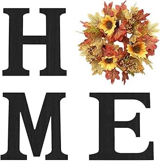 Wood Home Sign with Artificial Maple Leaf Wreath for O, Hanging Farmhouse Wall House Autumn Decor Wood Letters for Wall Art Rustic Home Decor, Wall Decor for Living Room Kitchen Entryway (Black)