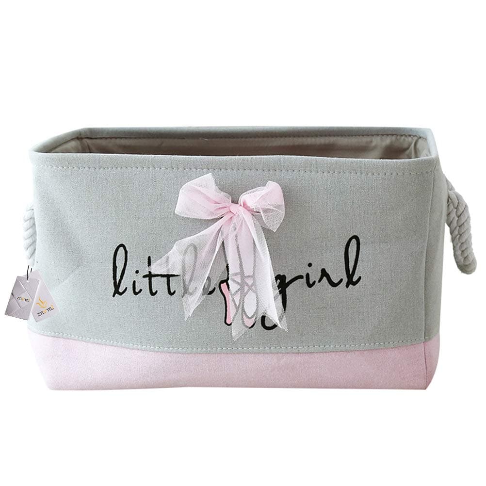Large Rectangular Storage Basket Baby Girls Toy Box Foldable Fabric Canvas Hamper for Laundry, Nursery, Closet, Shelf - Bowknot/Grey