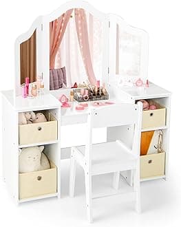 GYMAX Kids Vanity Table and Chair Set, 2-in-1 Princess Dressing Table with Tri-folding Mirror & 4 Storage Bins, Wooden Girls Makeup Desk for Bedroom Playroom (White, Chair: 32 x 32 x 65cm)