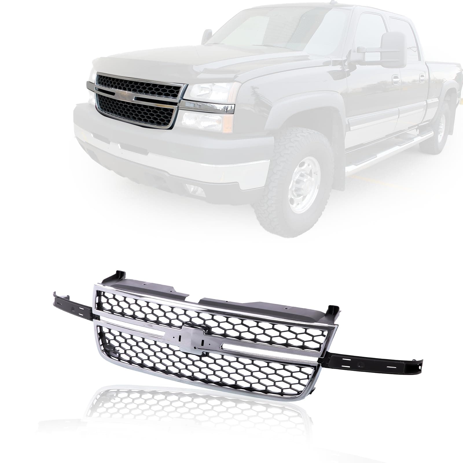 Front Grille Grill Chrome Frame Black Honeycomb Insert Compatible With Silverado 2003-2006 1500 HD / 2500 HD / 3500 &2007 1500 HD/2500 HD/ 3500 Classic GM1200546 (W/O Molding Trim)