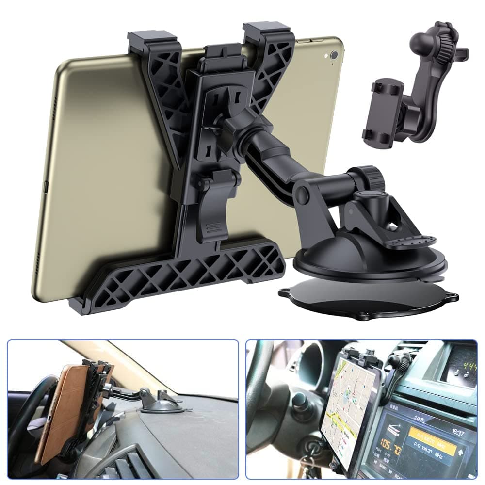 Tablet Holder Car, 360° Rotatable Adjustable iPad Car Mount, Dashboard Windscreen Mount for 6-11 Inches, Compatible with iPad, Samsung Tabs, Huawei and More