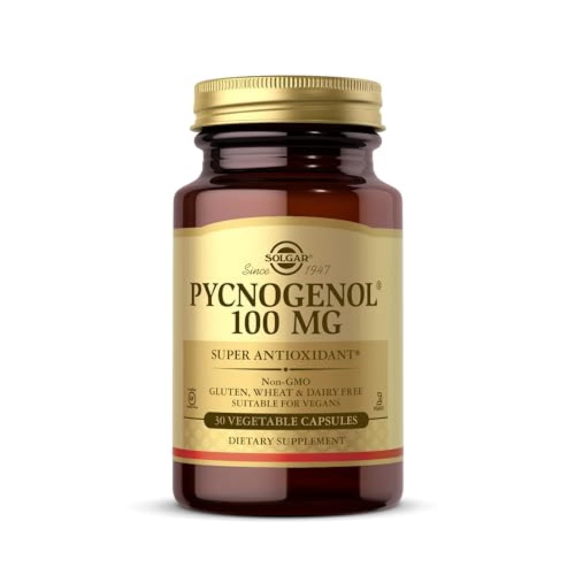 Solgar Pycnogenol 100mg - Derived from Pine Bark - Works Combined with Vitamins C & E - Vegan - 30 Vegetable Capsules, Brown