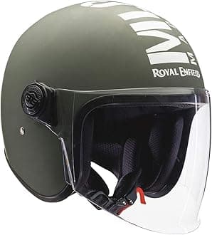 Royal Enfield ISI Certified Open Face Riding MLG Helmet with Clear Visor Matt Battle Green-Impact Protection, Better Scratch Resistance, Anti-Microbial Fabric, Size: L(59-60Cm)