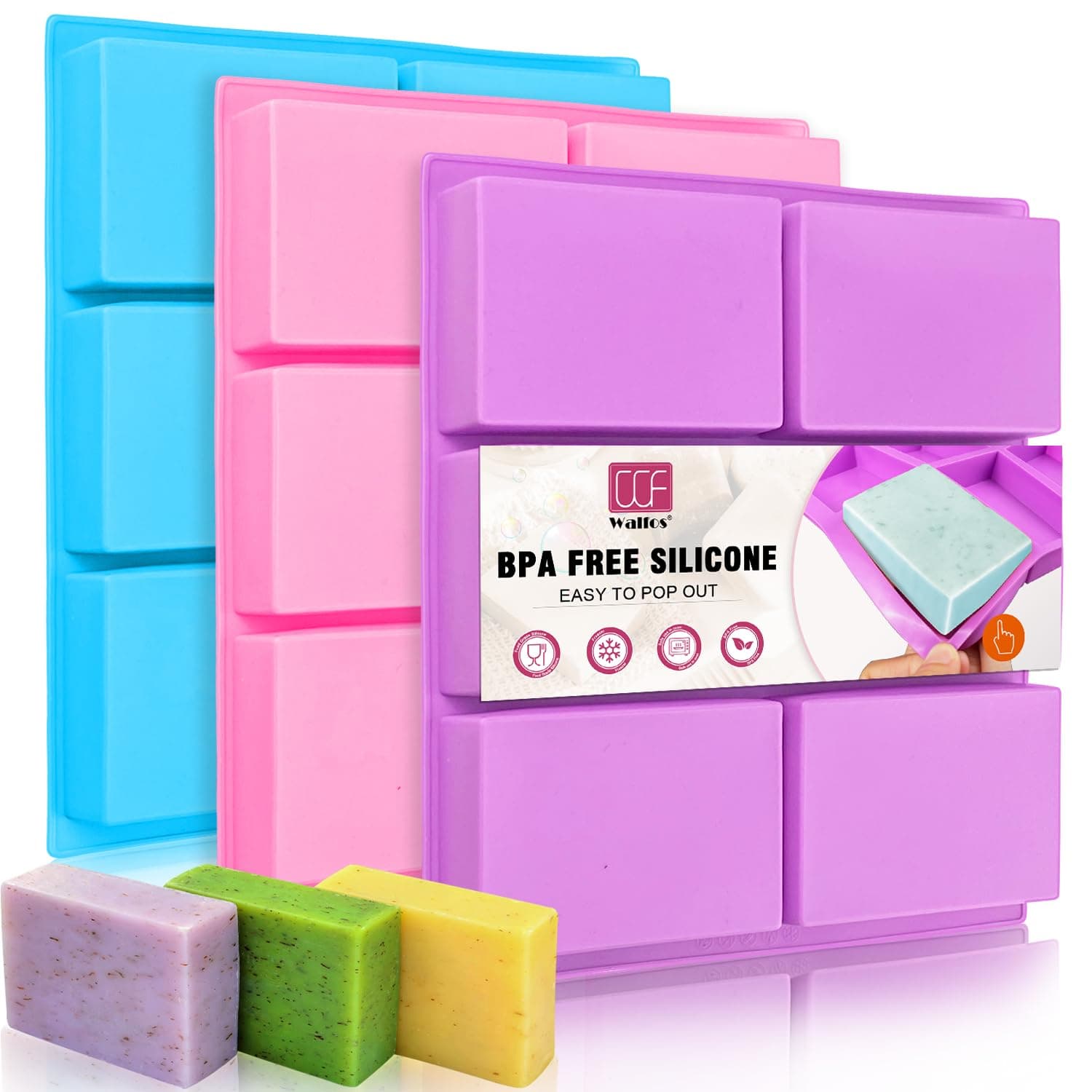 Walfos Silicone Soap Molds Set of 3, 6 Cavities Rectangle Silicone Soap Molds for Homemade Craft Soap Mold, Cake,Chocolate ＆ Ice Cube Tray（Blue & Purple ＆ Pink）