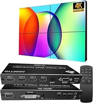 Video Wall Controller2x2 4k,HDMI & DVI 4k Input Makes 4 TV Screens Into 1 Video Wall Display, 180° Rotate, Extra Audio, IR Remote &RS232+Button Press, Video Wall Controller 1x2,1x3,1x4,2x1,3x1x4x1