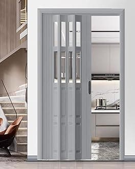 Concertina Door PVC & Acrylic Internal Foldable Gate - Custom Size, Accordion Door for Cupboard/Kitchen, Hallway Pantry Doorway Sliding Door with Handle(Gray,66x80in(171x203cm))