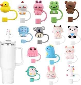LDKEKDF 14Pcs Straw Cap for Stanley, 10mm Cute Straw Toppers for Tumblers, Animal Silicone Straw cover for 30&40oz -20