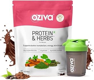 OZiva Protein & Herbs, Women, (Natural Protein Powder with Ayurvedic Herbs like Shatavari, Giloy, Curcumin & Multivitamins for Improving Metabolism, Skin & Hair (Chocolate 907g + Shaker)