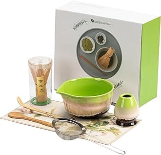Matcha Set 8-Piece Japanese Tea Ceremony Kit with Ceramic Bowl, Bamboo Whisk & Holder, 2 Scoops, Strainer, Tea Cloth - Complete Gift Set for Traditional Brewing(Green)