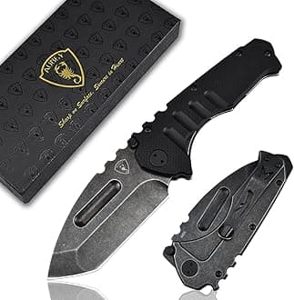 AUBEY Folding Pocket Knife with Tanto Tumbled 440C Steel Blade, Frame Lock, Black G10 Handle, Clip, Glass Breaker, Heavy Duty EDC Knife for Men Hunting, Magic Axe