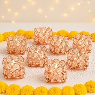 Crystal Tealight Candle Holder Votives Bowl Candle Holders for Home Decoration, Diya Diwali Decoration Lights Centerpieces for Wedding Home Party Table Decoration (Rose Gold (Pack of 10))