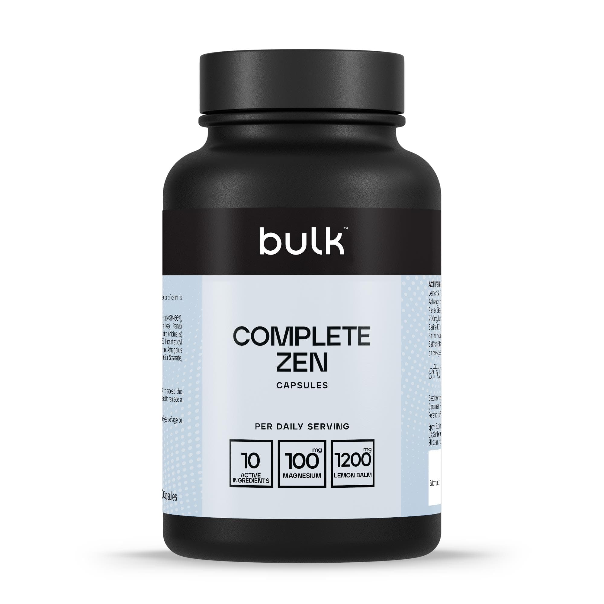 Bulk Complete Zen Capsules, Relaxation Formula With 10 Active Ingredients, KSM-66, Lemon Balm Extract, Inositol, L-Theanine, Pack of 120, 30 Servings, Packaging May Vary