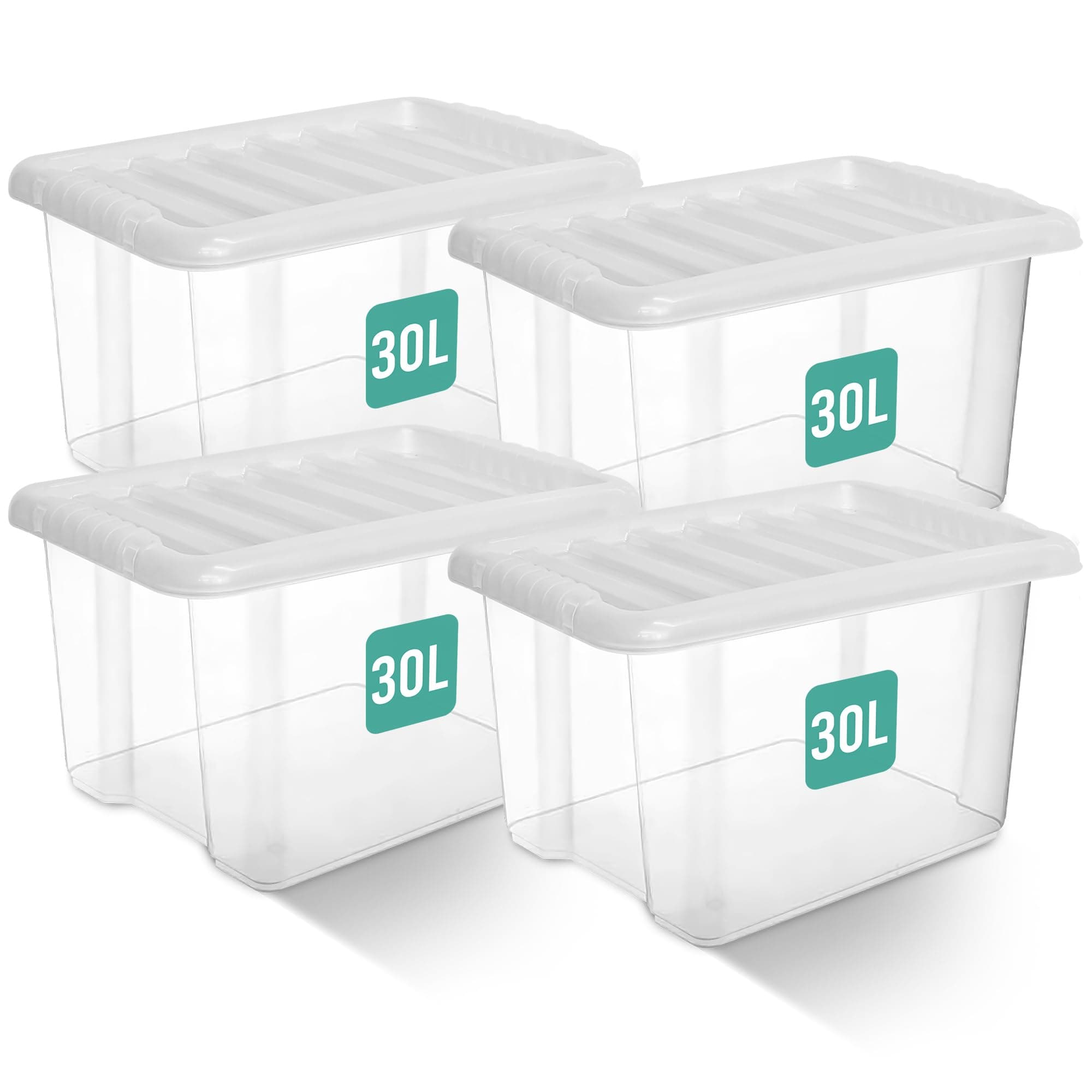 4 x 30 Litre Clear Plastic Storage Boxes With Lids Set of 4, Strong Multipurpose Stackable Plastic Storage Box With Lid 30L Clear Containers For Home, Kitchen, Garage, Office