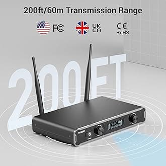 TONOR Wireless Microphones, Cordless Dual Handheld Dynamic Karaoke Singing Mic System with Receiver for Karaoke, Home KTV, DJ, Wedding, Party, 2x5 UHF Adjustable Frequencies, 60m TW450 Grey&Red