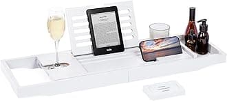 Woodluv Bath Tray, Extendable Bath Caddy Trays for Bathtub Accessories with Tablet Phone Slots, Candle Mug/Cup Holder, Bathroom Organiser, Bath trays for across the bath with Soap Holder, White