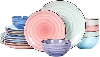 Ceramic Dinnerware Sets for 6, 18 Pieces Plates and Bowls Set, Scratch Resistant Dishes Set, Handpainted Swirl with Spot Dishwasher & Microwave Safe, Gradient Color