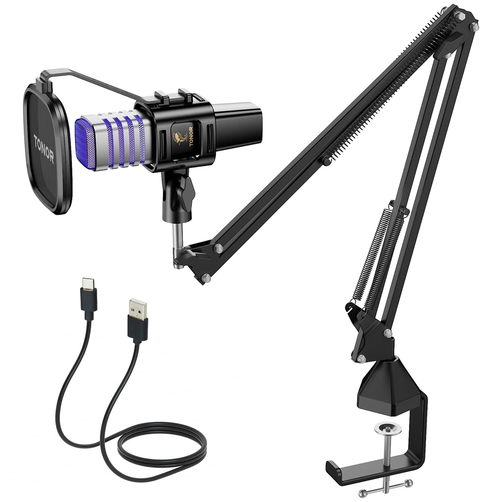 USB Gaming Microphone, RGB Streaming Microfono Set, PC Podcast Recording Computer Mic for PS4/5, Discord, Twitch, Cardioid Condenser Mic with Adjustable Boom Arm Stand TC30S+