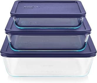 Pyrex Simply Store 6-Pc Glass Food Storage Container Set with Lids, 3-Cup, 6-Cup, & 11-Cup Rectangular Meal Prep Containers with Lid, BPA-Free Lid, Dishwasher, Microwave and Freezer Safe