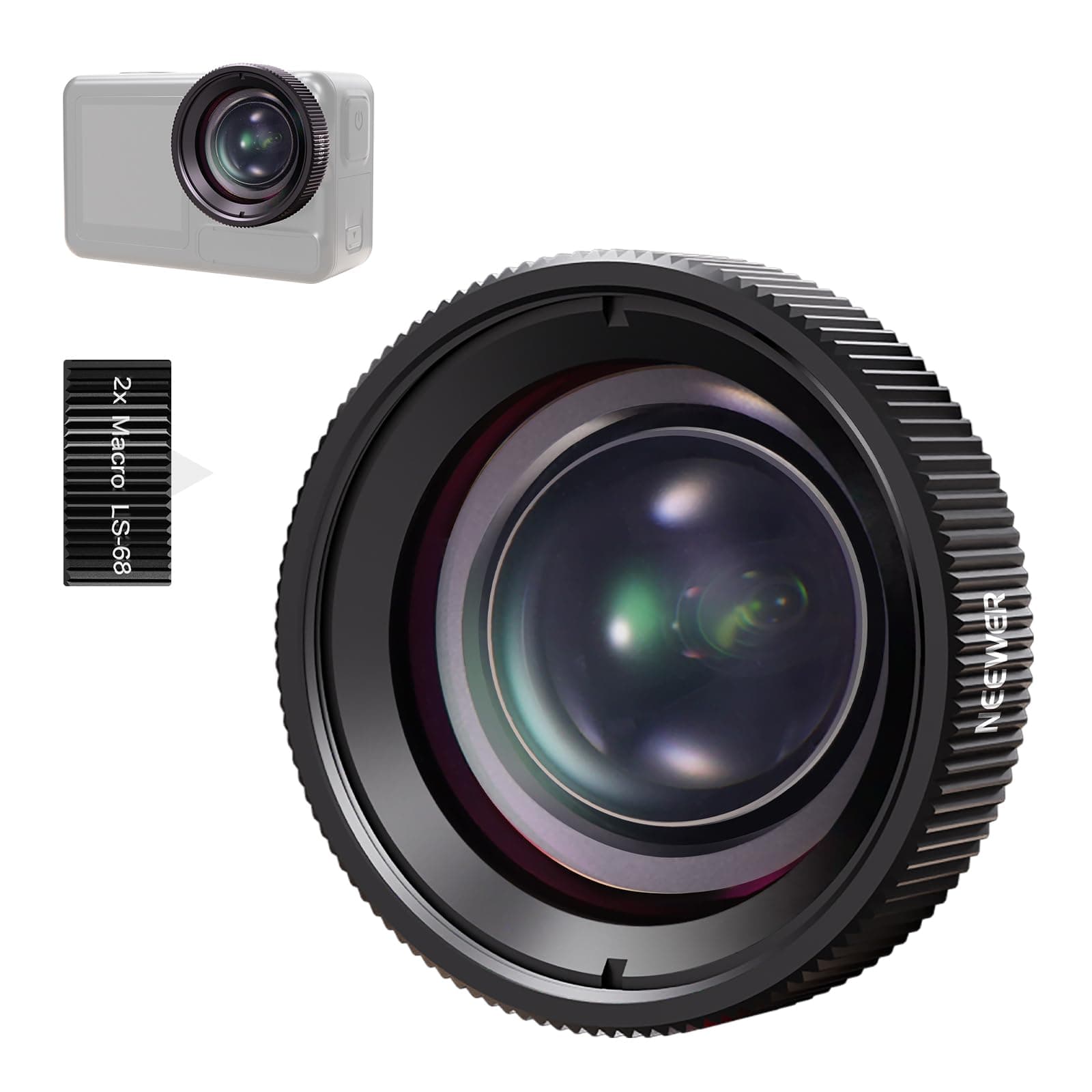 Macro Lens Compatible with DJI Osmo Action 5 Pro/4 Action Camera, 2X Magnification, 2 Elements in 1 Group, 3-4cm Focal Distance, Close Up Photography Accessory, Not Waterproof, LS-68