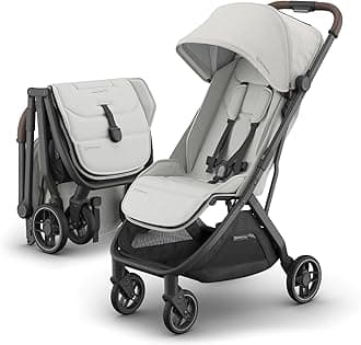 UPPAbaby Minu V3 Travel Stroller | Lightweight + Compact Design | One-Hand Fold + Unfold | from Birth + Overhead Compatible | Savannah (Pearl Gray Mélange/Carbon Frame/Chestnut Leather)